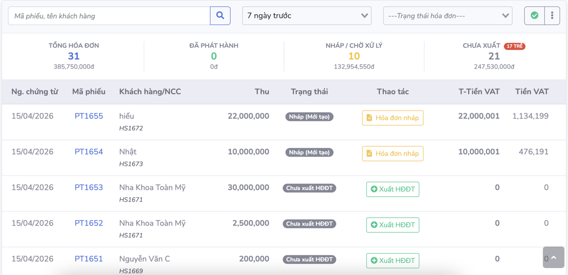 Màn hình kế toán & hóa đơn SimlyDent